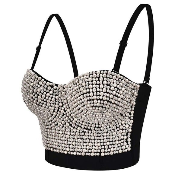 Bra Corset Top++Madonna Style Metallic Studs Bustier, White - Picture 2 of 6
